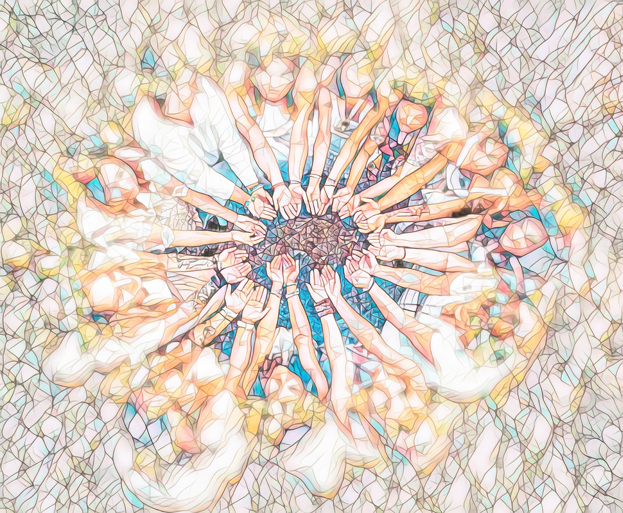 A circle of hands radiating from a center — the Circle of Kindred Lights, a community of kindred lights walking the Five Steps to Freedom together.
