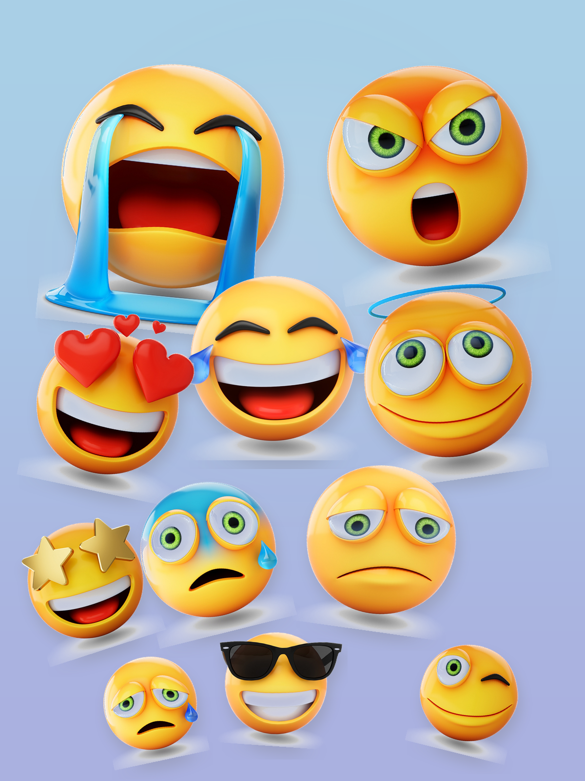 A warm jumble of emotion faces — grief, anger, joy, love, anxiety, sadness, wonder, peace. The full human emotional range.