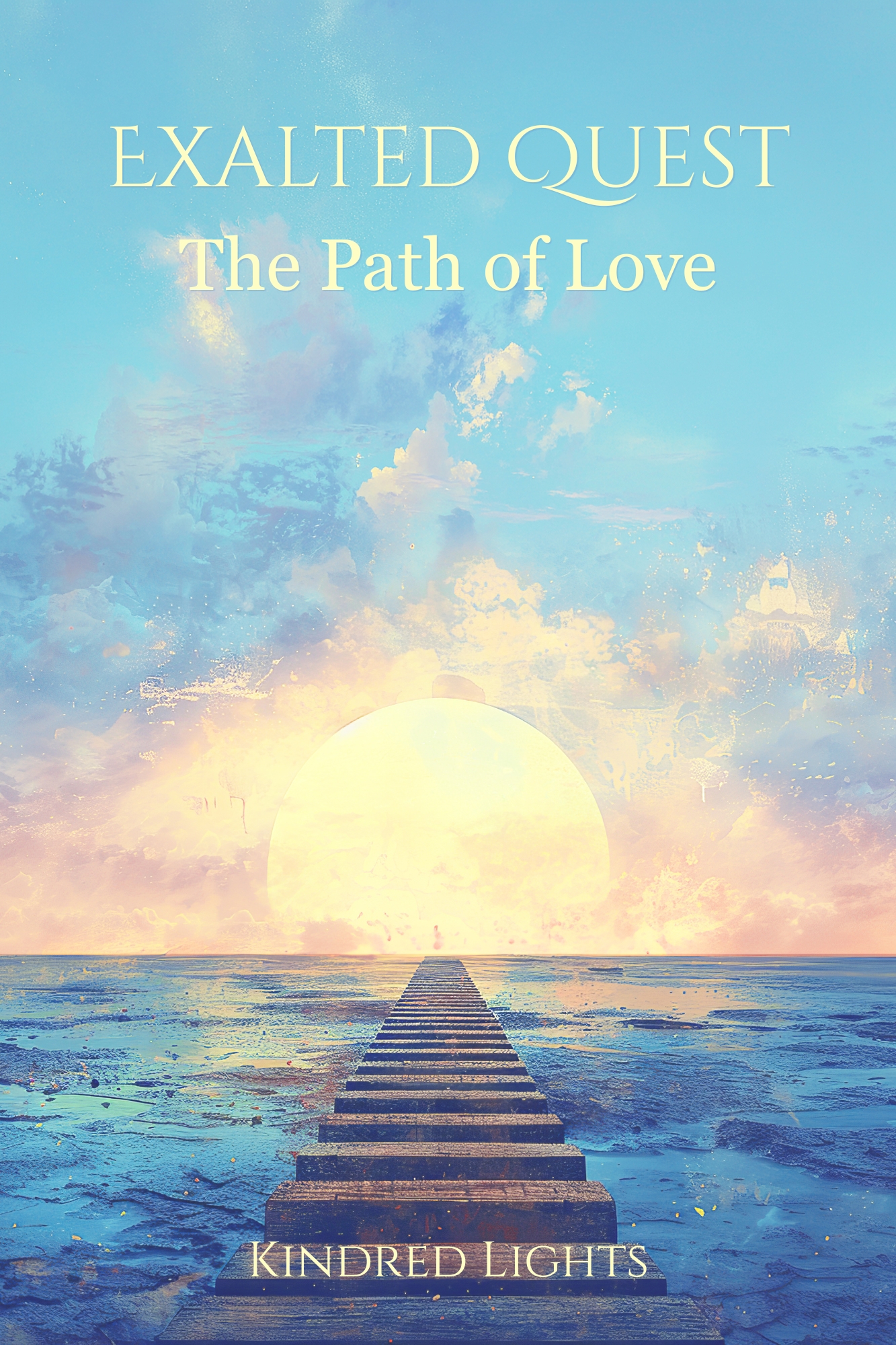 Exalted Quest: The Path of Love — memoir cover by Kindred Lights. A luminous path over water leads toward a rising sun, with a tiny figure walking toward the light.